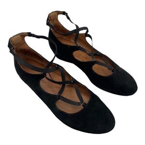 L’Armour des pieds Sz 7 1/2 Benham Wedge Black Suede Wedge Crisscross Straps